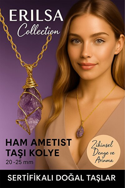 Tesbih Atölyesi Sertifikalı Tel Sargılı Ham Ametist Taşı Kolye - Alt