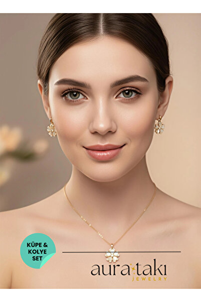 AURA Zirkon Taşlı Yonca Kolye Küpe Kombin Altın Renk