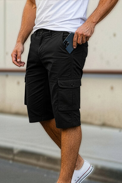 modacix Likralı Gabardin Bermuda Şort - Erkek Şort - Kapri Şort - Siyah Şort