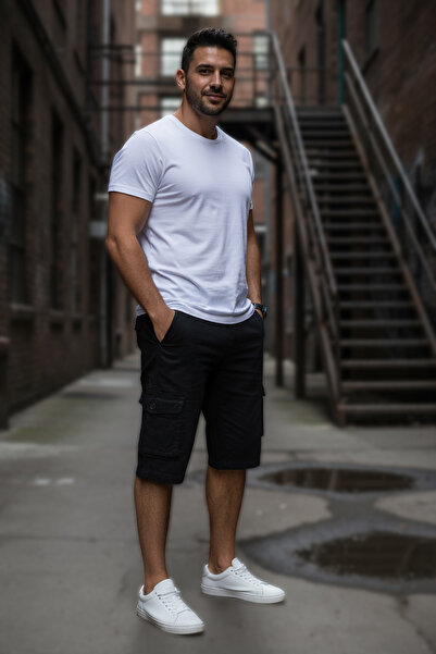 modacix Likralı Gabardin Bermuda Şort - Erkek Şort - Kapri Şort - Siyah Şort