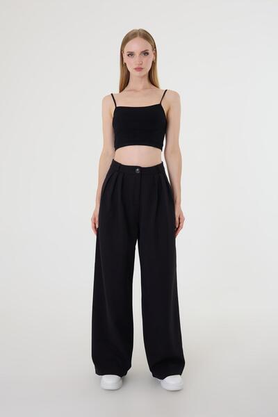 Hazel Kadın Siyah Pile Detaylı Palazzo Pantolon