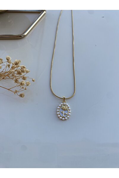 VELMORIA Çelik,kararmaz Kadın İnci Çerçeveli Gül Kolye