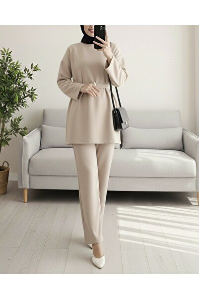 Modamorfo Round Neck Belted Waist Scuba Suit - Beige