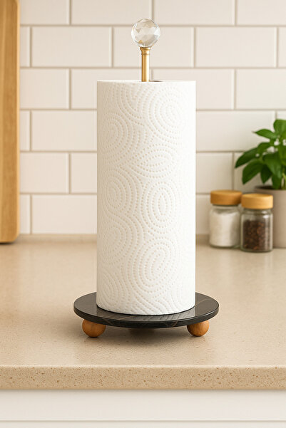 Meralles Dekoratif Siyah Gold Mermer Desenli Ahşap Ayaklı Kağıt Havluluk