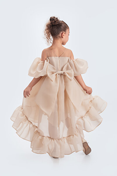 ABİYEKİDS Kloş Madonna Yaka Kabarık Şifon Lüx Bej Çocuk Abiye ABY218
