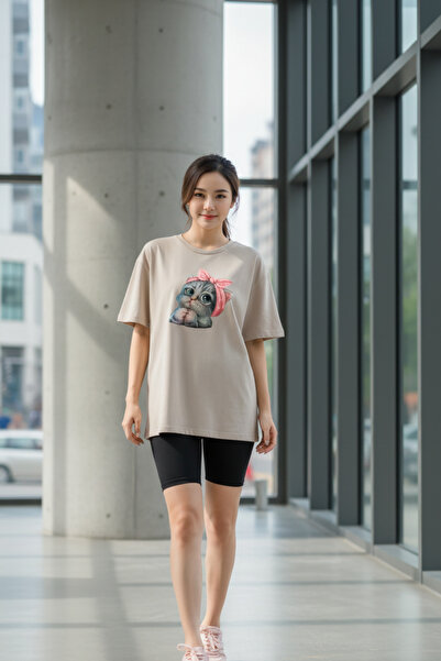 UNCİA OUTDOORS tricou unisex oversize cu decolteu o cu imprimeu de pisici drăguț