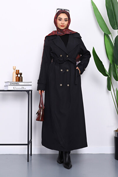 İmajButik Μαύρη μακρυά καμπαρντίνα με διπλό στήθος με επωμίδα