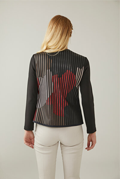 Deriderim Black Brown Lona Tulle Striped Leather Printed Women's Genuine Leather Jacket