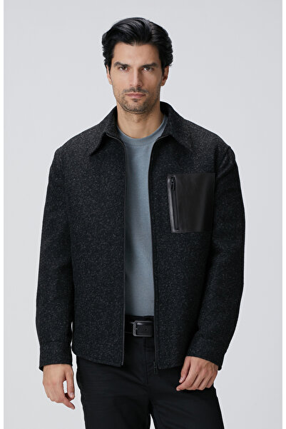 Network Siyah Yün Karışımlı Deri Cep Detaylı Mont