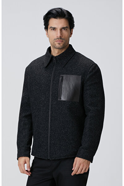 Network Siyah Yün Karışımlı Deri Cep Detaylı Mont