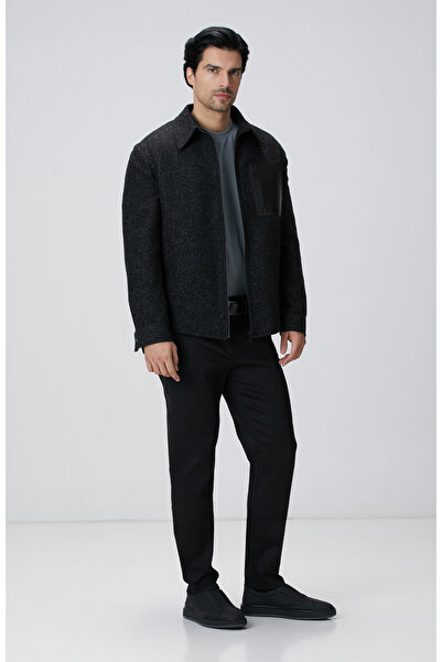 Network Siyah Yün Karışımlı Deri Cep Detaylı Mont