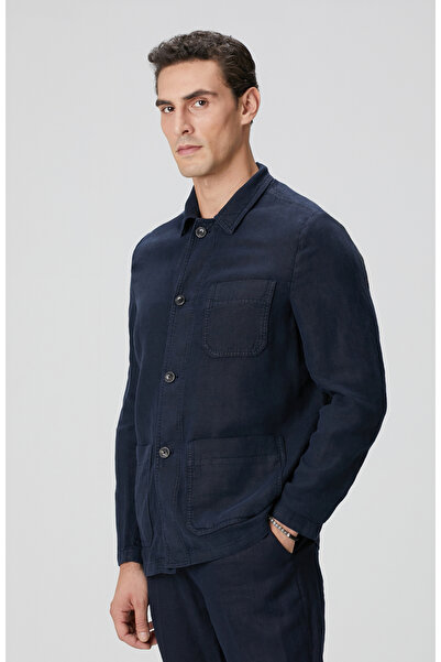 Network Lacivert Cep Detaylı Parça Boya Keten Dış Gömlek