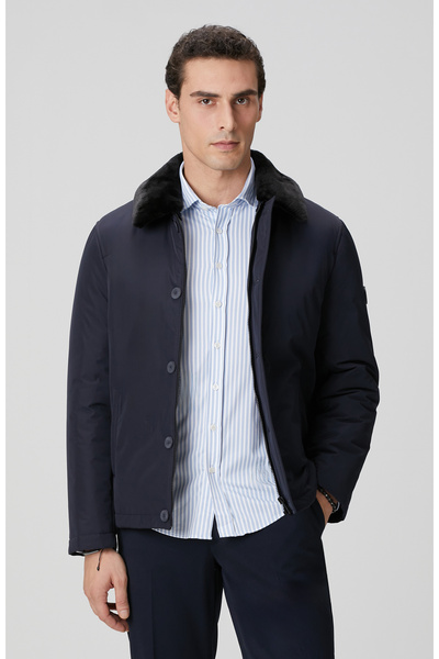 Network Lacivert Yakası Kürk Detaylı Mont