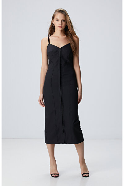 Network Siyah Askılı Midi Elbise