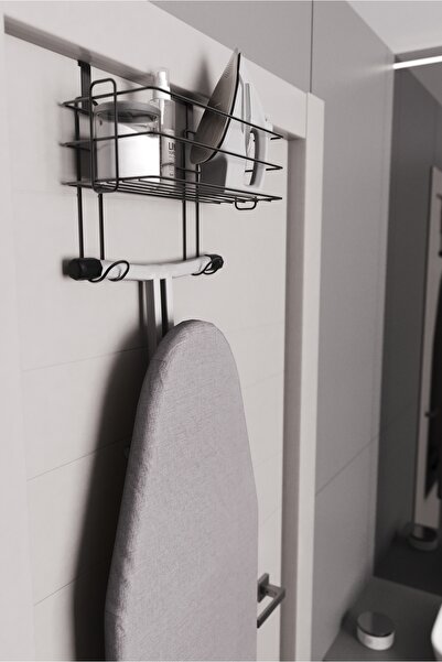 EVA METAL TASARIM Kapı Arkası Ütü Ve Ütü Masası Askısı Ütü Düzenleyici Raf - Siyah