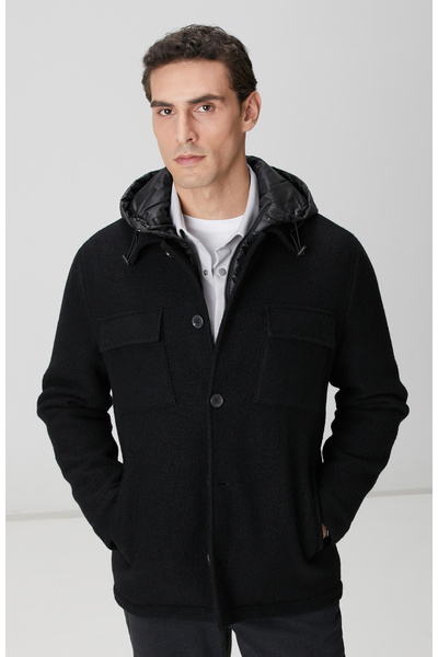 Network Siyah Yün Çıkma Mostralı Casual Kaban
