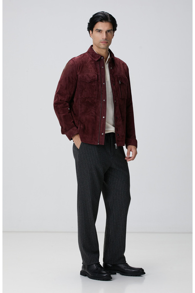 Network Bordo Çift Cep Detaylı Süet Mont