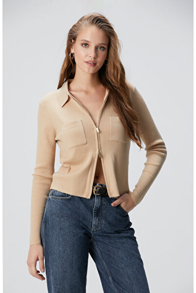 Network Bej Yün Karışımlı Fermuarlı Triko Kazak