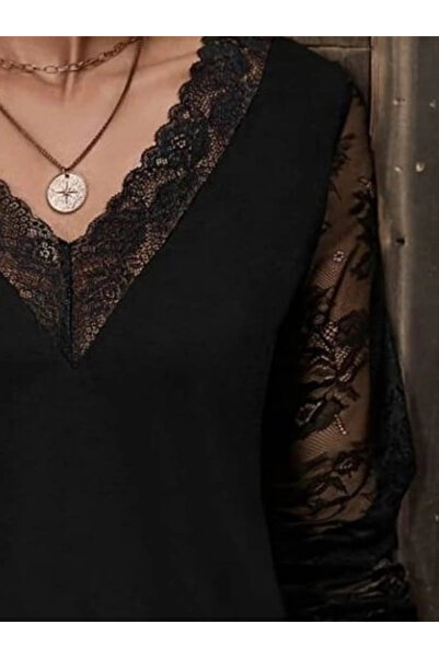 CREATIVE Women's Long Sleeve V Lace Collar Viscose Blouse