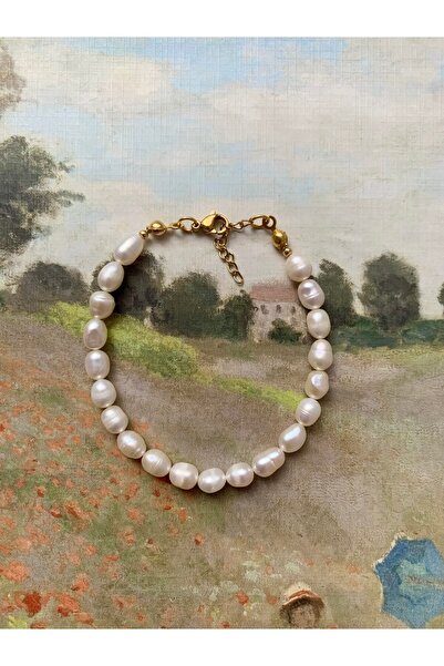 JOVİ ATELİER Gerçek Doğal Beyaz Orta Boy Arpa Inci Kadın Bileklik Çelik Klips Ve Uzatma Zinciri