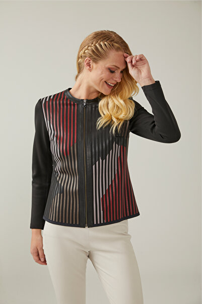 Deriderim Black Brown Lona Tulle Striped Leather Printed Women's Genuine Leather Jacket