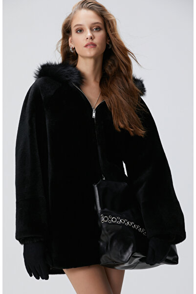 Network Siyah Kapüşon Yakalı Deri Kaban