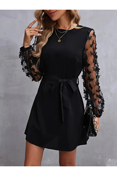 Genel Markalar Kadın Uzun Kollu Bisiklet Yaka Kollar Tül Kelebek Detaylı Ithal Krep Elbise