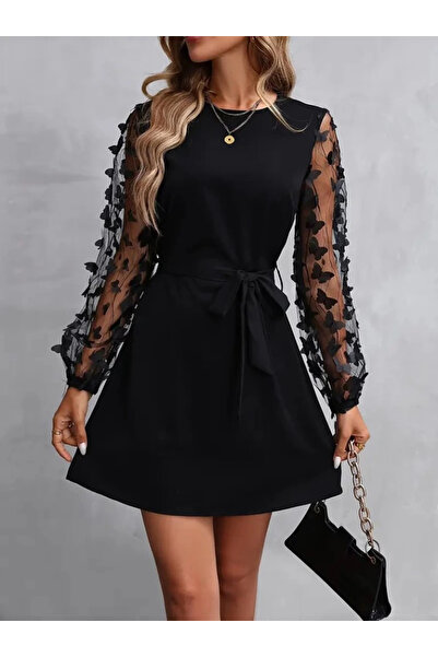 Genel Markalar Kadın Uzun Kollu Bisiklet Yaka Kollar Tül Kelebek Detaylı Ithal Krep Elbise