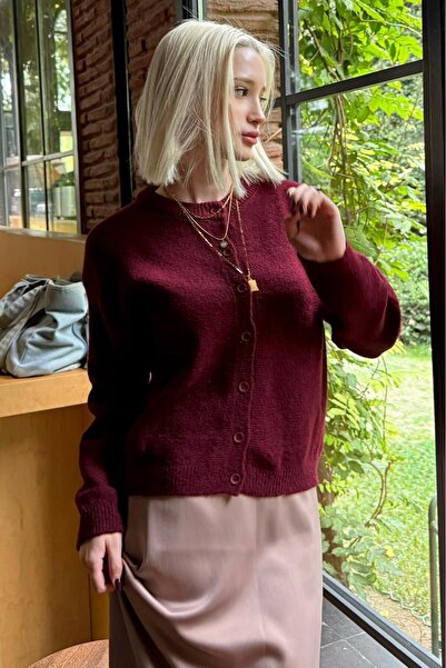 Madmext Bordo Rahat Kalıp Düğmeli Triko Kadın Hırka MG2552