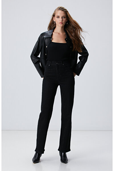 Network Siyah Geniş Paça Taşlı Pantolon
