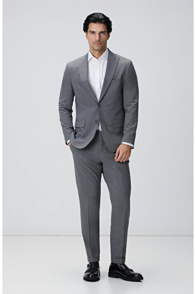 Network Slim Fit Açık Gri Çizgili Piklapel Yaka Takım