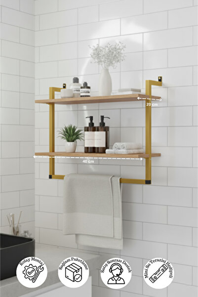 Euromob 40x20 cm Banyo Rafı Duvara Monte Havluluk 2 Katlı Dekoratif Düzenleyici Organizer Gold Metal