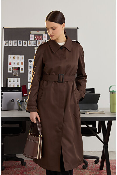 Fatma Atasoy Tek Sıra Düğmeli Acı Kahve Trençkot