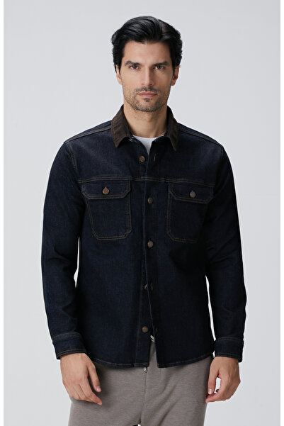 Network Lacivert Yakası Kadife Denim Gömlek