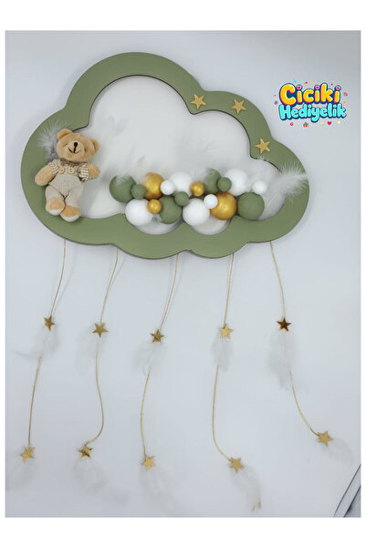 ciciki hediyelik Kapı Süsü Ledli Bubble Ayıcıklı Ahşap Bulut Pano