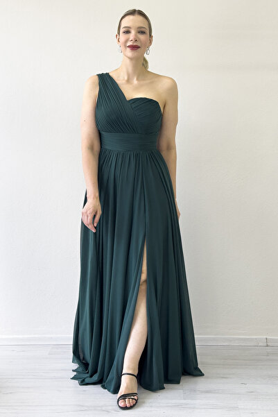 thezkscom Women's One Shoulder Pleated Flared Evening Dress Navy Blue, Black, Red, Emerald Green, Dusty Rose