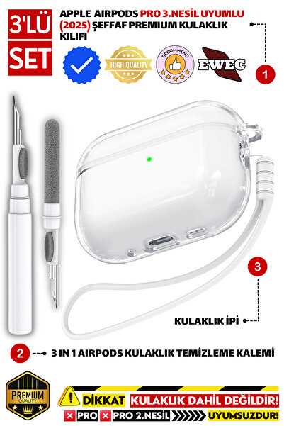 EWEC Pro 3.Nesil Uyumlu Şeffaf Premium Kulaklık Kılıfı, Kulaklık İpi ve 3'ü 1...