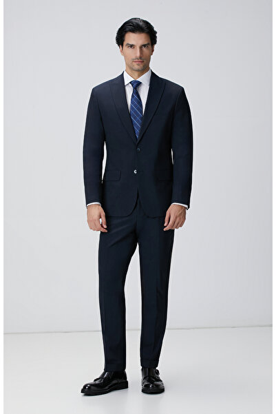 Network Slim Fit Lacivert Çizgili Piklapel Yaka Takım