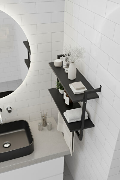 Euromob 40x20 cm Banyo Rafı Duvara Monte Havluluk 2 Katlı Dekoratif Düzenleyici Organizer Siyah Metal