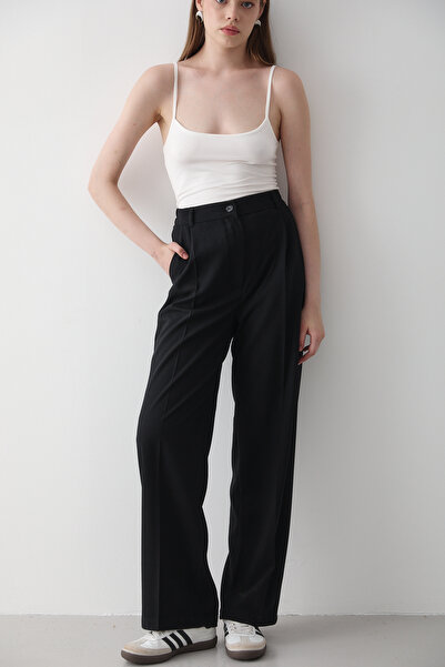 JASTE Kadın Siyah Beli Lastikli Bol Paça Palazzo Pantolon