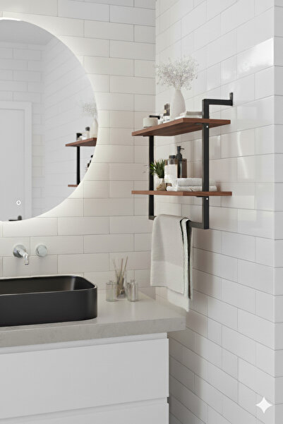 Euromob 40x20 cm Banyo Rafı Duvara Monte Havluluk 2 Katlı Dekoratif Düzenleyici Organizer Siyah Metal