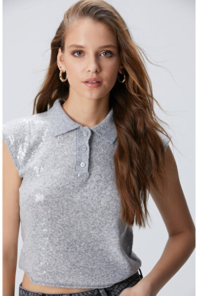 Network Açık Gri Melanj Payetli Triko Kazak