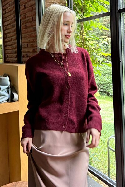 Madmext Bordo Rahat Kalıp Düğmeli Triko Kadın Hırka MG2552