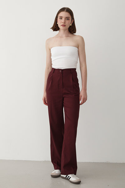 JASTE Women's Burgundy Elastic Waist Wide Leg Palazzo Trousers