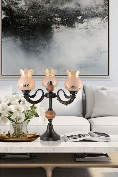 DEDE ÜÇLÜ ŞAMDAN MASA LAMBASI ABAJUR SİYAH BAL RENGİ CAMLI