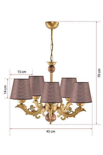 DEDE BEŞ KOLLU AHŞAPLI ESKİTME ZAMAK METAL DÖKÜM AVİZE KAHVERENGİ ŞAPKALI