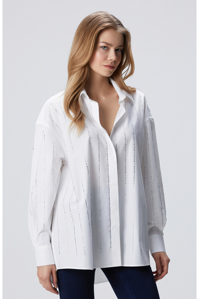 Network Beyaz Taş Baskılı Gömlek