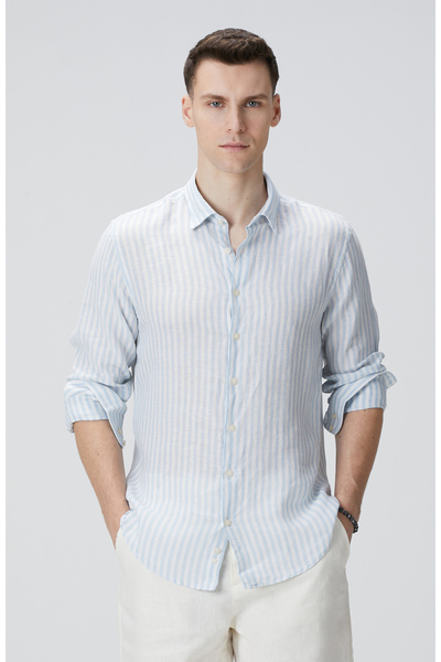 Network Mavi Beyaz Keten Gömlek