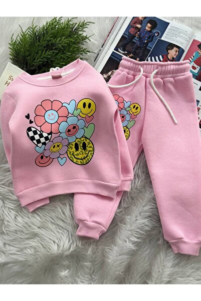 “Çiçek ve Smiley Desenli Pembe Çocuk Eşofman Takımı - Sweatshirt & Alt Takım”