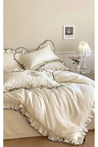 GÖRMEZ TEKSTİL Double Size 100% Cotton Ruffled Duvet Cover Set – Black Trim Stitching